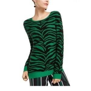 Likely NEW INC Women's Sweater Medium Green Zebra Print Long Sleeve Pullover